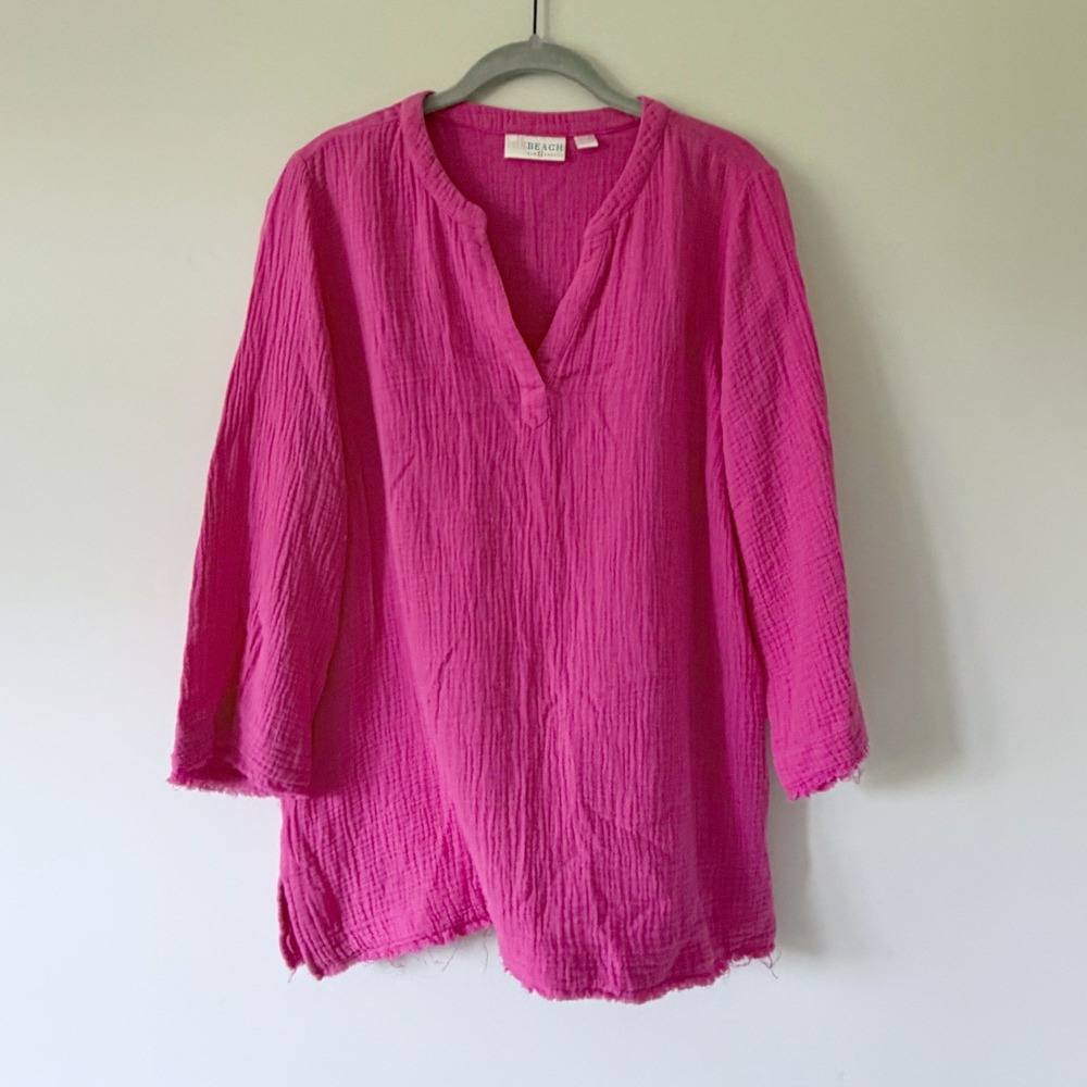 Belle Beach Kim‎ Gravel Hot Pink Cotton Gauze Raw Hem Tunic Top Beach Cover Up M